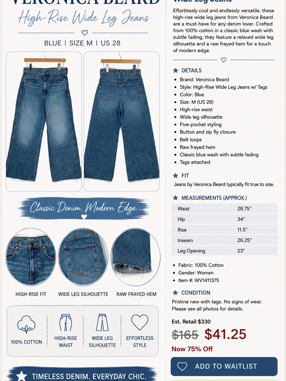 Veronica Beard Classic Blue High-Rise Wide Leg Jeans